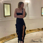 Ruffle Fringe Double Charming Slit Tube Midi Dress