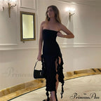 Ruffle Fringe Double Charming Slit Tube Midi Dress