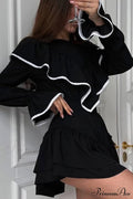 Ruffle Neck Lacework A-Line Dress