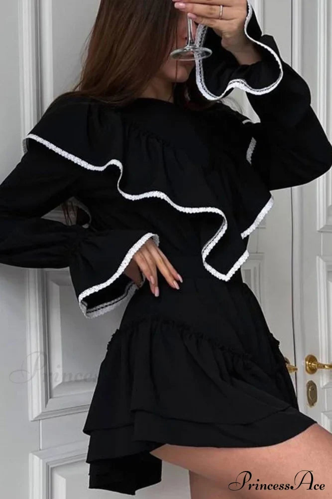 Ruffle Neck Lacework A-Line Dress