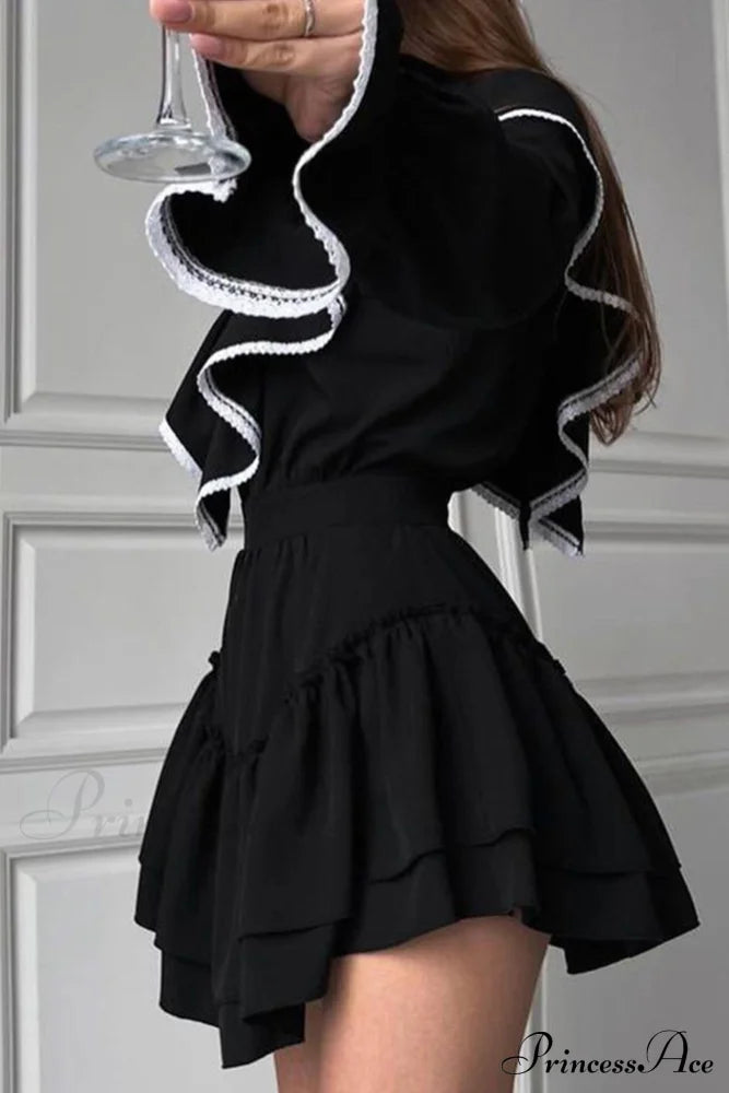 Ruffle Neck Lacework A-Line Dress