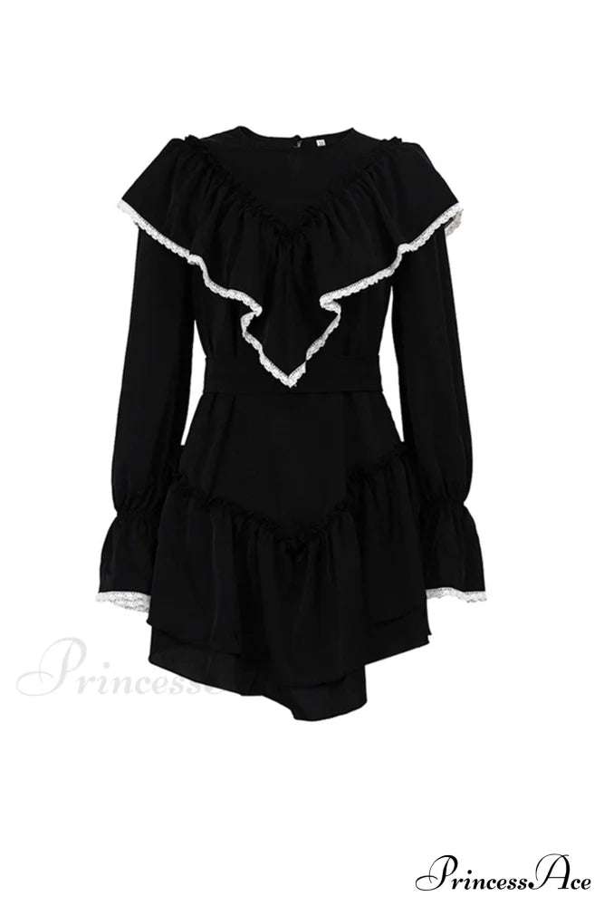 Ruffle Neck Lacework A-Line Dress