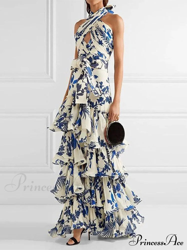 Ruffled Aesthetic Sleeveless For With - Party Vestidos Neck-Mounted Hem Formal Elegant Patterned Layered Evening Wear De