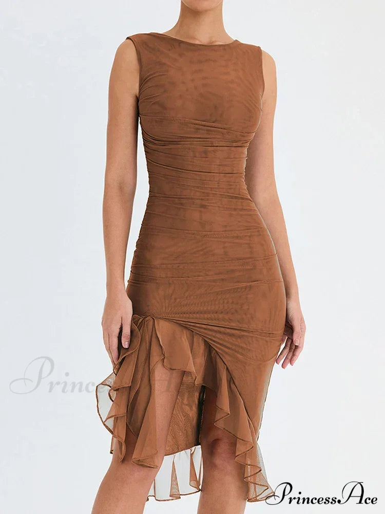 Ruffled Ruched Summer-Ready Backless Sleeveless Irregular Sensual Midi Dress