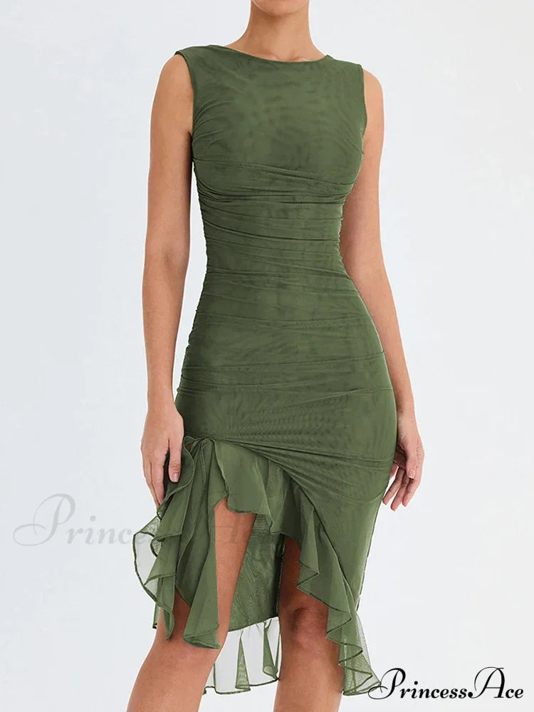Ruffled Ruched Summer-Ready Backless Sleeveless Irregular Sensual Midi Dress