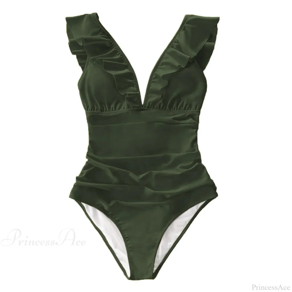 Ruffled V-Neck Lace Up Monokini One Piece Set