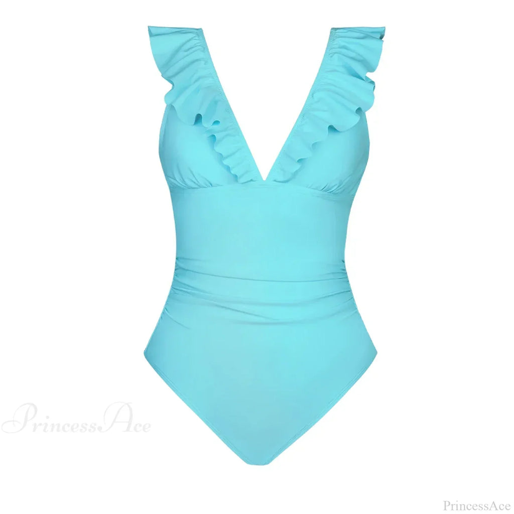 Ruffled V-Neck Lace Up Monokini One Piece Set
