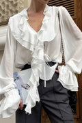 Ruffled V-Neck Long-Sleeve Tie-Waist French Blouse