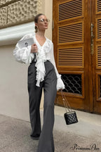 Ruffled V-Neck Long-Sleeve Tie-Waist French Blouse