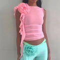Ruffles Floral Mesh Sheer Elegant See Through Slim Crop Top