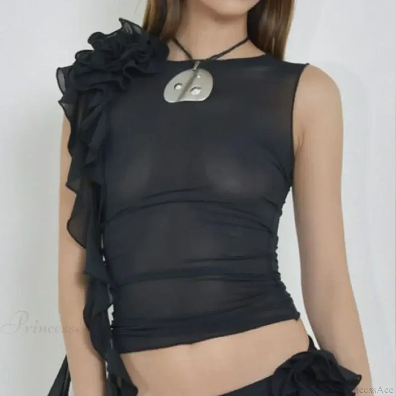 Ruffles Floral Mesh Sheer Elegant See Through Slim Crop Top