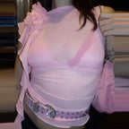 Ruffles Floral Mesh Sheer Elegant See Through Slim Crop Top