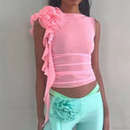 Ruffles Floral Mesh Sheer Elegant See Through Slim Crop Top