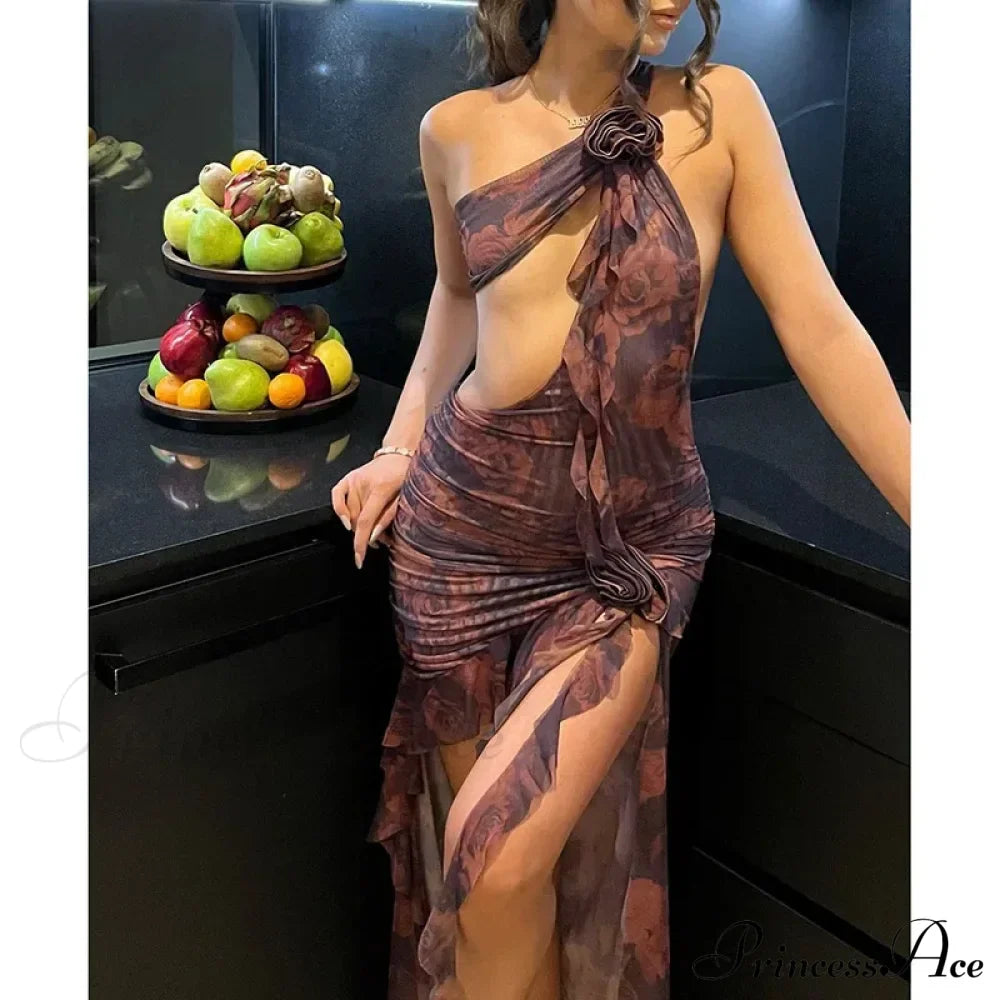 Ruffles Print One Shoulder Hollow Out Mini Backless Sleeveless Flower Matching Ruched Party Midi Dress