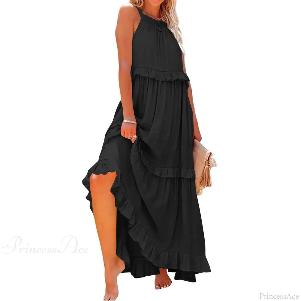 Ruffles Split Halter Sleeveless Big Hem Maxi Boho Dress