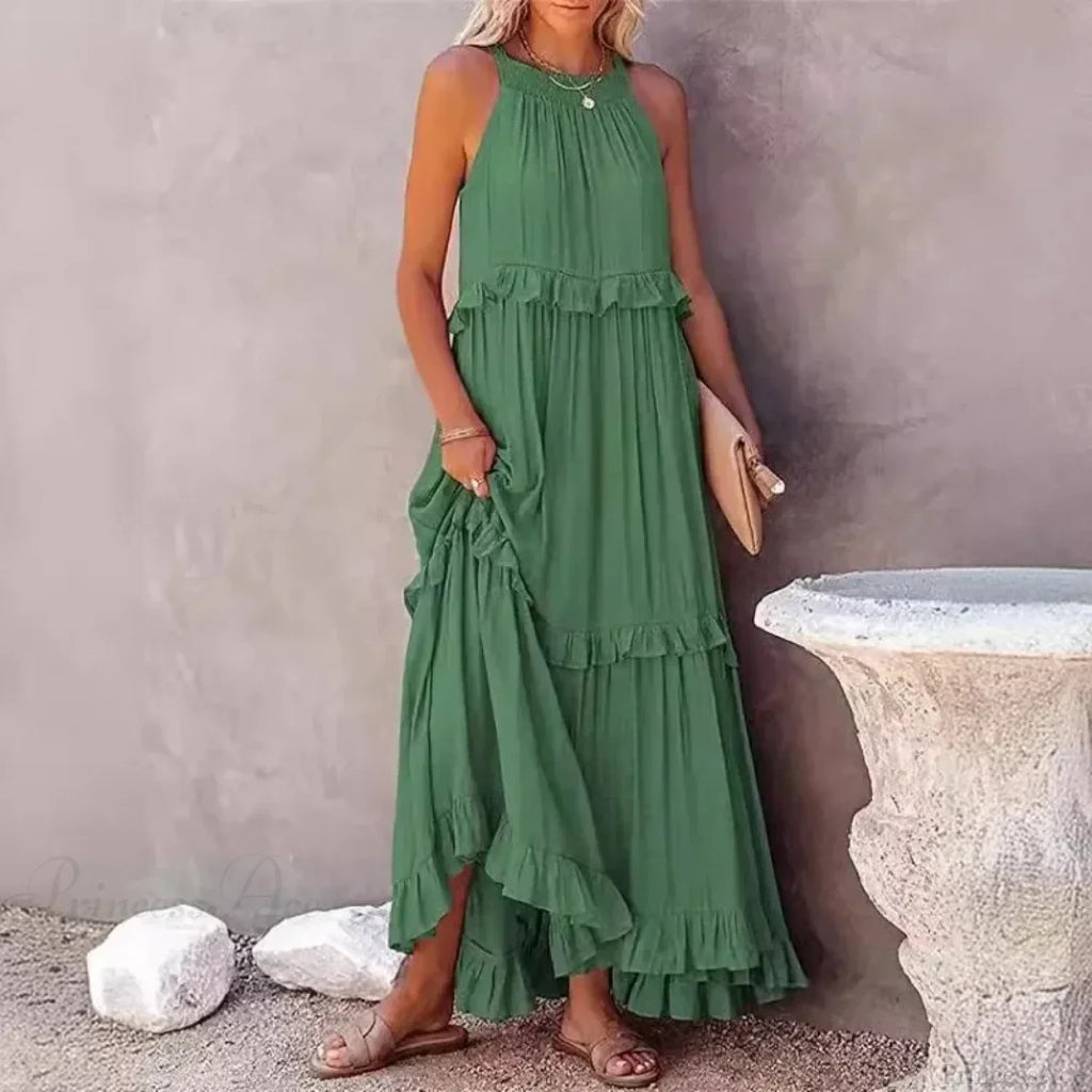 Ruffles Split Halter Sleeveless Big Hem Maxi Boho Dress