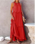 Ruffles Split Halter Sleeveless Big Hem Maxi Boho Dress