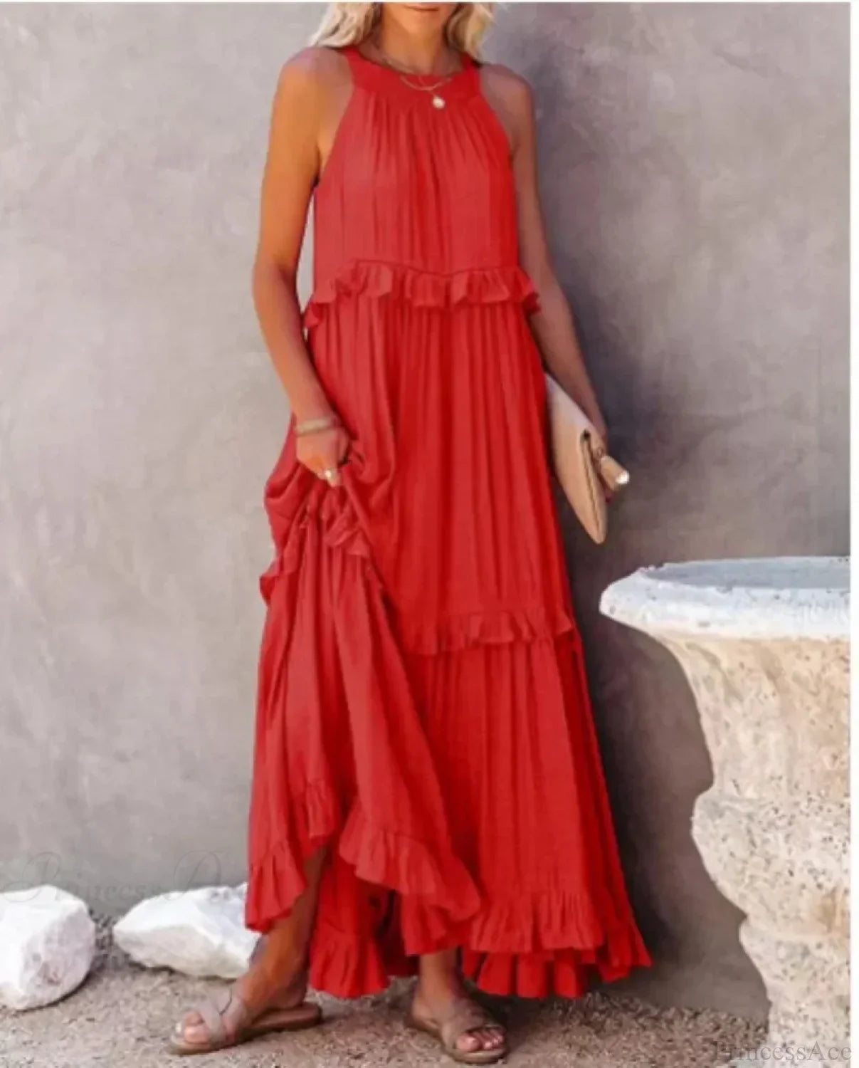 Ruffles Split Halter Sleeveless Big Hem Maxi Boho Dress
