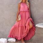 Ruffles Split Halter Sleeveless Big Hem Maxi Boho Dress