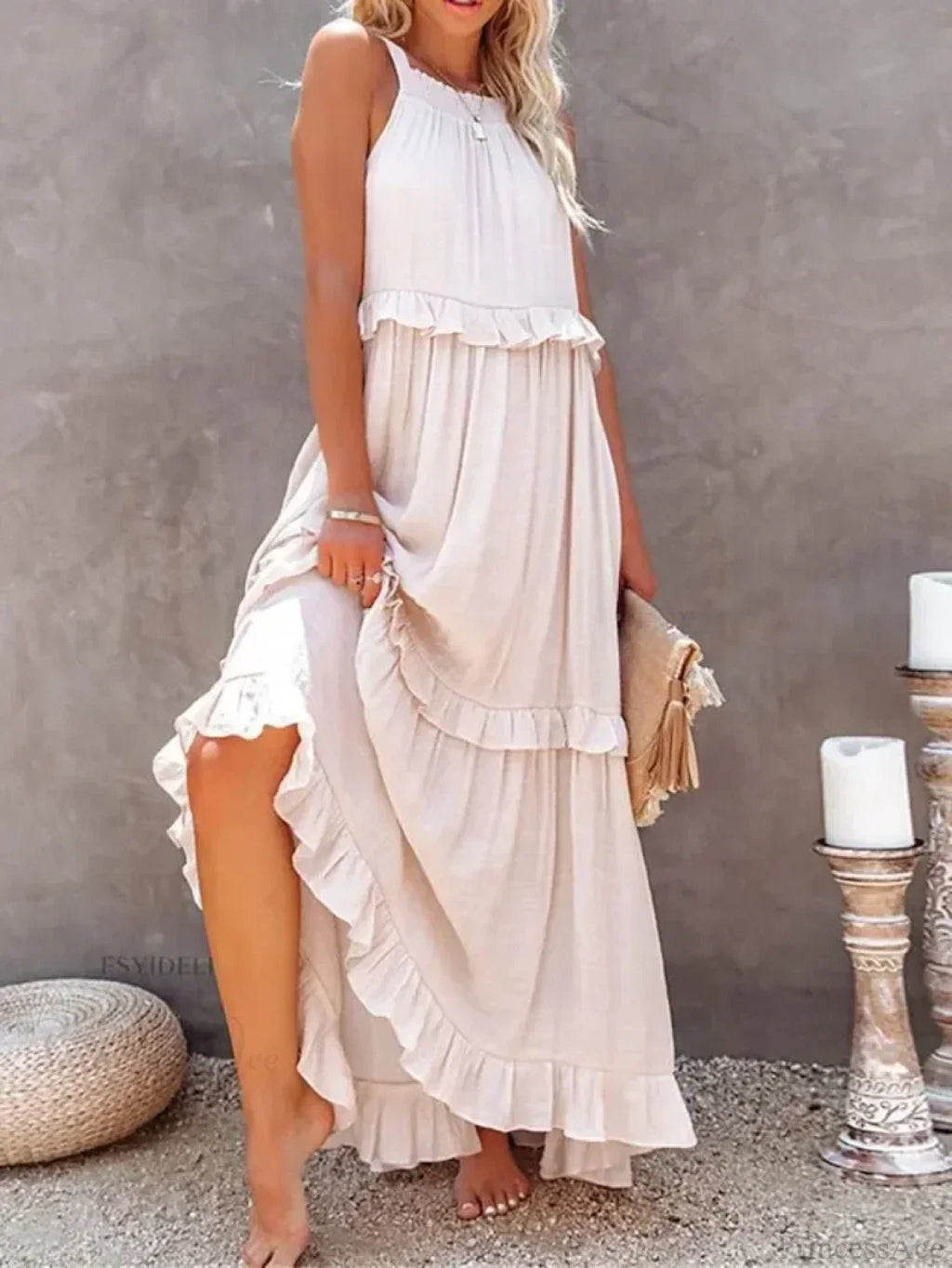 Ruffles Split Halter Sleeveless Big Hem Maxi Boho Dress