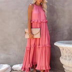 Ruffles Split Halter Sleeveless Big Hem Maxi Boho Dress