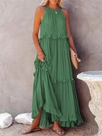 Ruffles Split Halter Sleeveless Big Hem Maxi Boho Dress