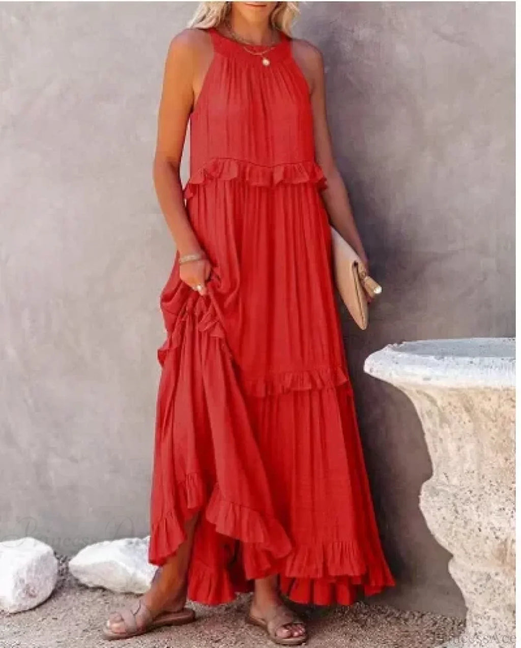 Ruffles Split Halter Sleeveless Big Hem Maxi Boho Dress
