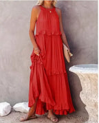 Ruffles Split Halter Sleeveless Big Hem Maxi Boho Dress