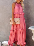 Ruffles Split Halter Sleeveless Big Hem Maxi Boho Dress
