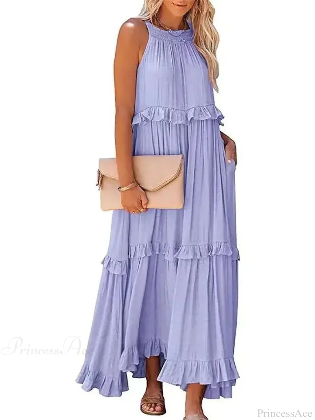 Ruffles Split Halter Sleeveless Big Hem Maxi Boho Dress