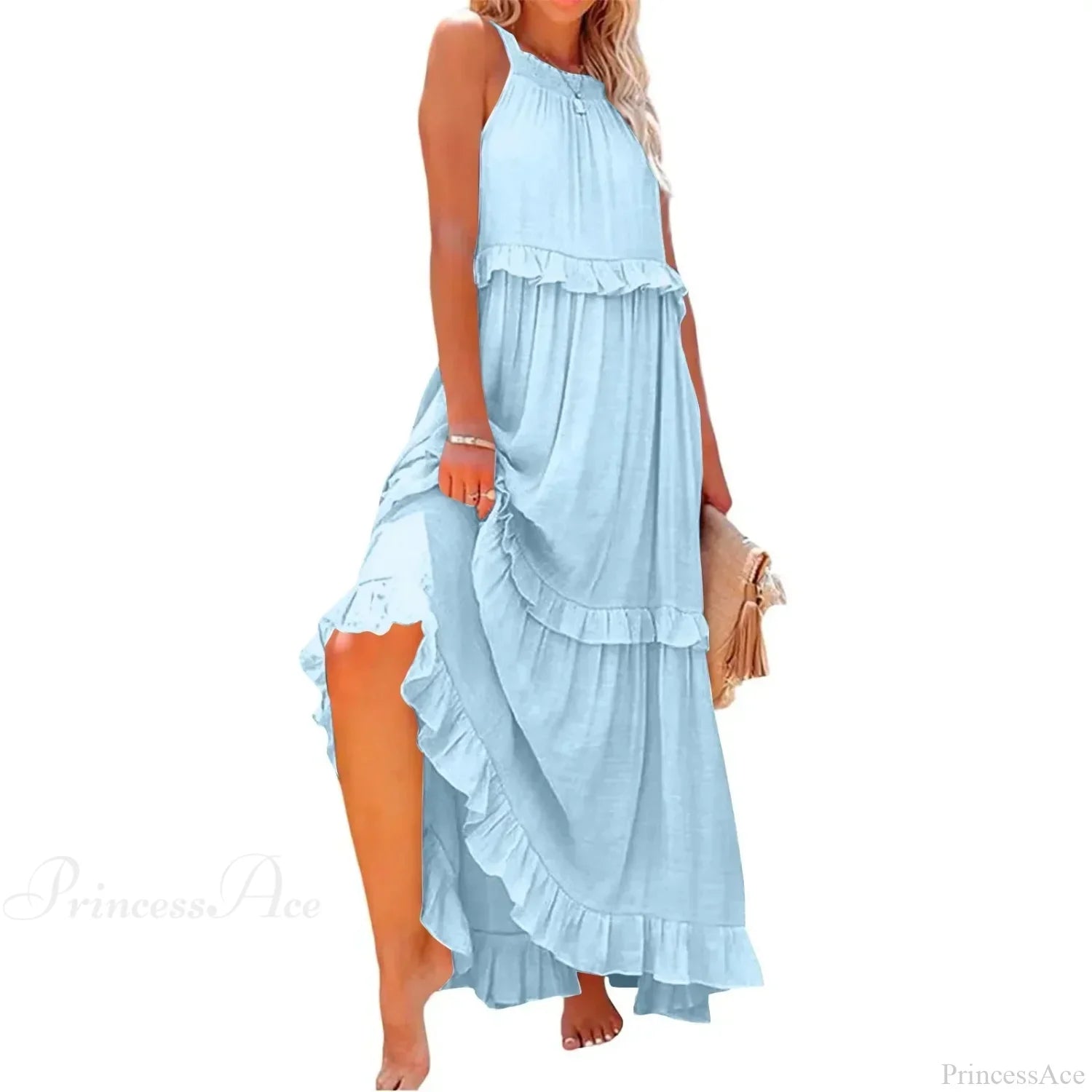 Ruffles Split Halter Sleeveless Big Hem Maxi Boho Dress