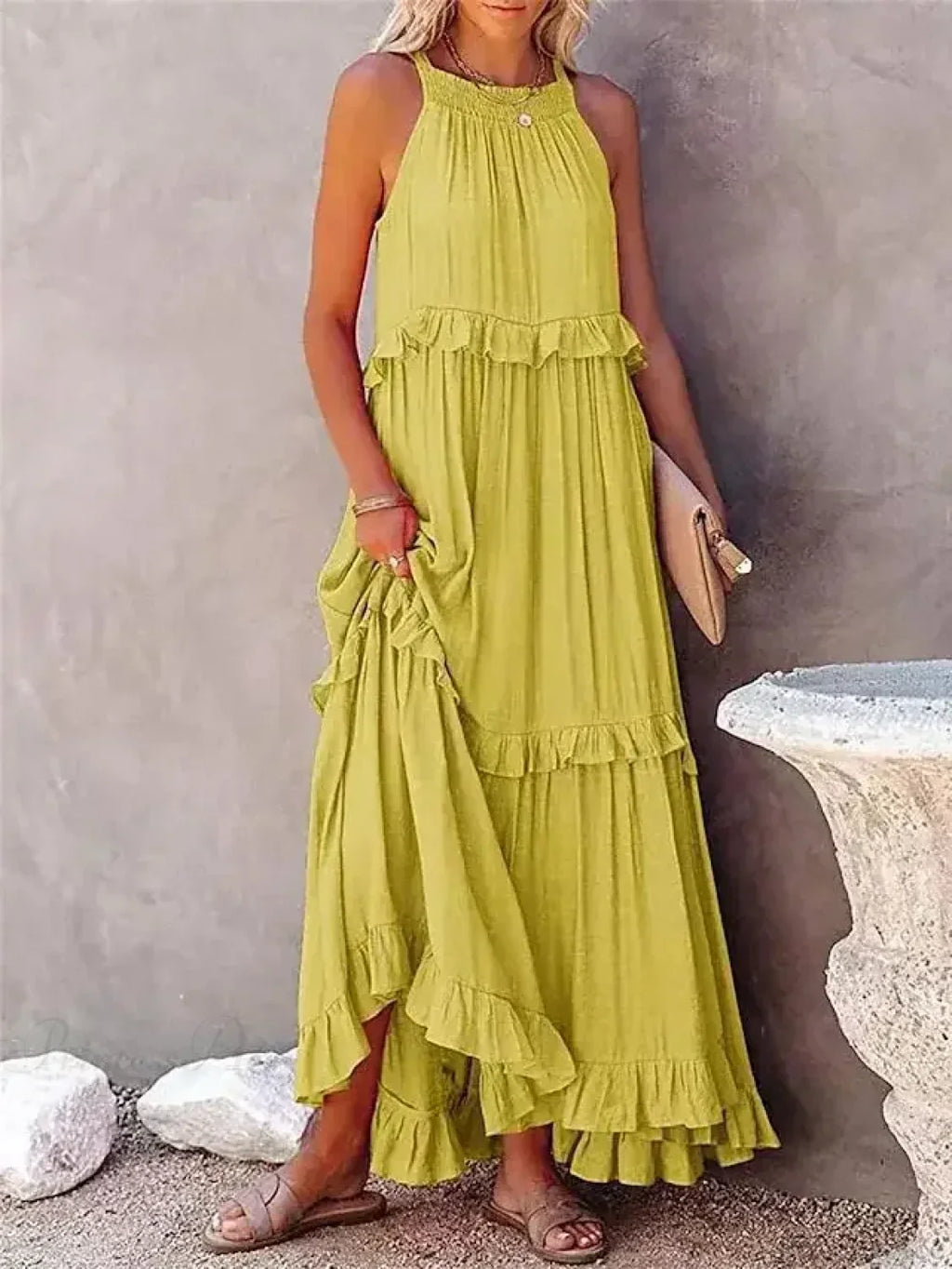 Ruffles Split Halter Sleeveless Big Hem Maxi Boho Dress