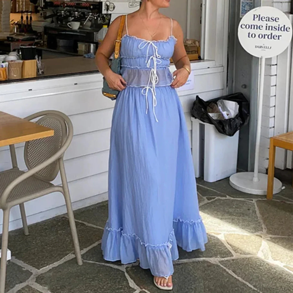 Ruffles Tie-Up Crop Top A-Line Maxi Skirt Two Pieces Set