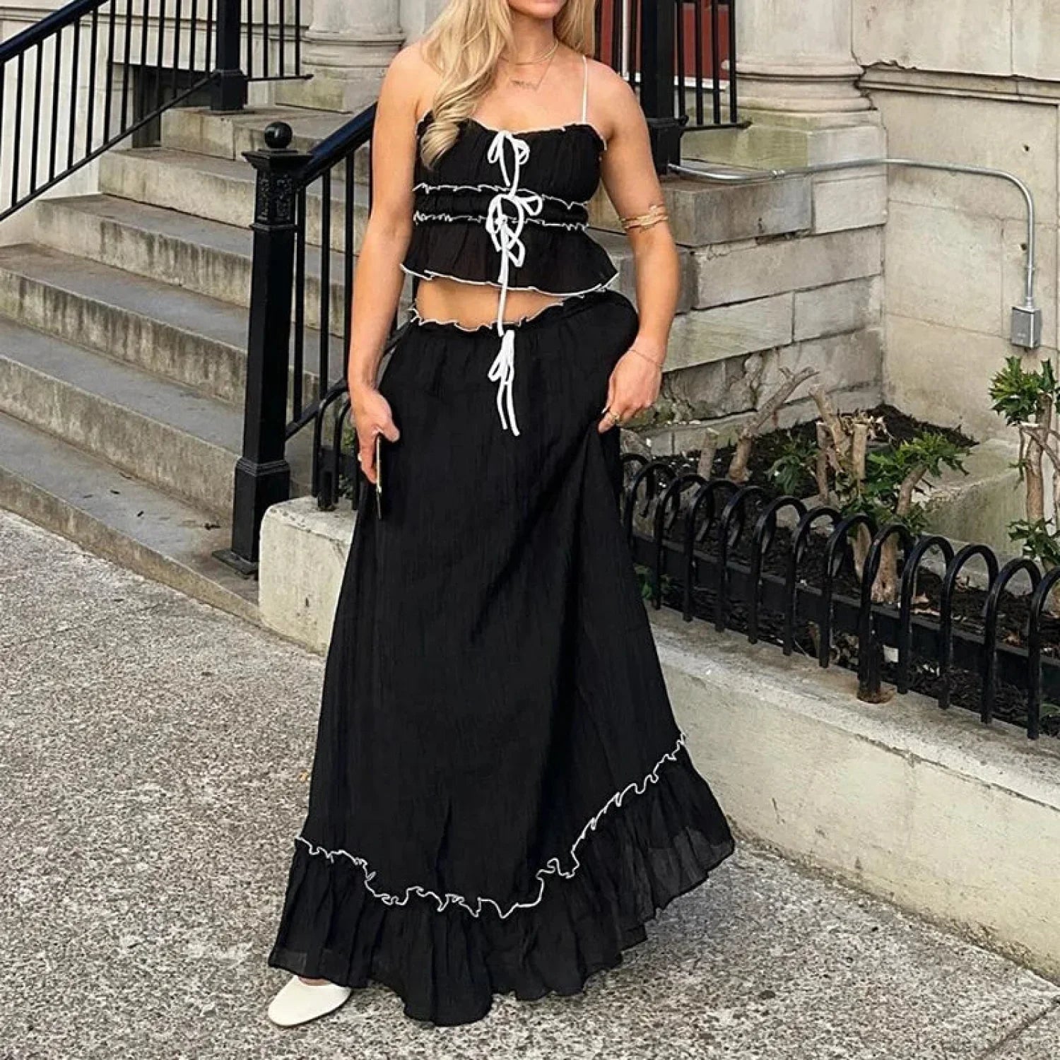 Ruffles Tie-Up Front Camis Crop Top Maxi Skirt Two Pieces Set