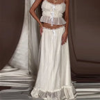 Ruffles Tie-Up Front Camis Crop Top Maxi Skirt Two Pieces Set