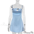 Satin Belted Hollow Cowl Graceful Neck Slip Mini Dress