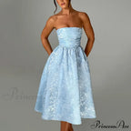Satin Jacquard Printed Charming Tube Flare Midi Dress