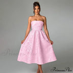 Satin Jacquard Printed Charming Tube Flare Midi Dress