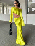 Satin Off Shoulder Long Sleeve Crop Top Maxi Dress