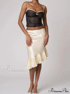 Satin Pleated Stylish Trim Midi Skirt
