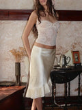 Satin Pleated Stylish Trim Midi Skirt