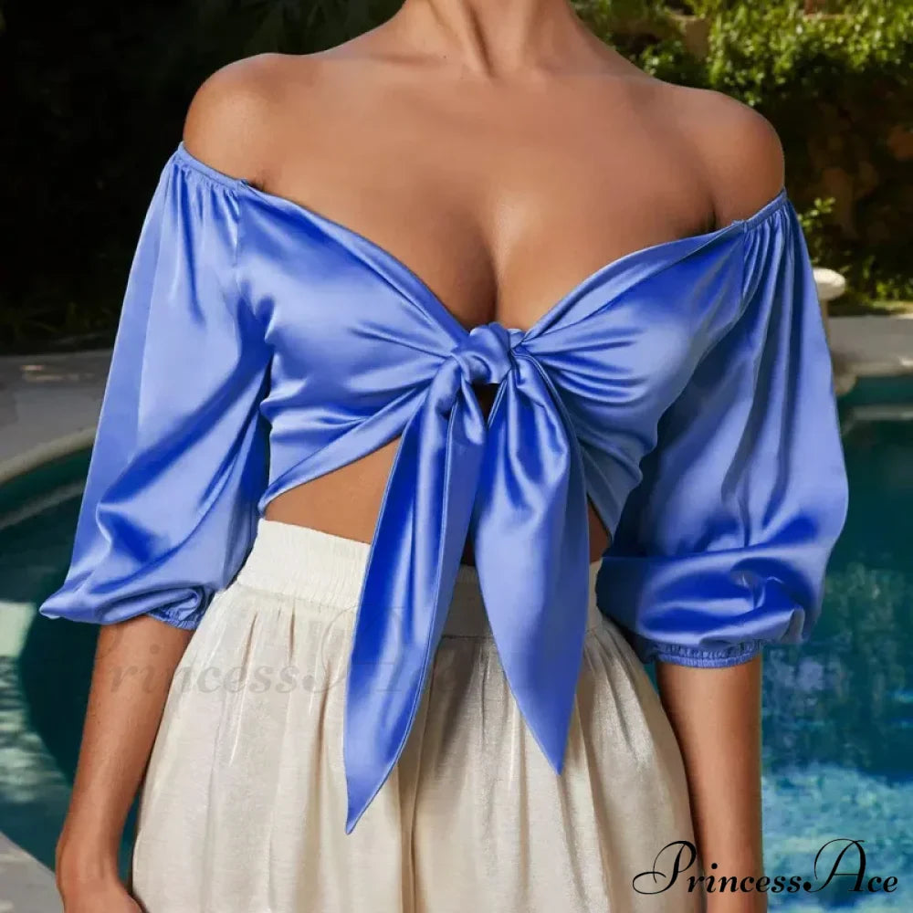 Satin Slik Crop Women Bow Sashes V Neck Sleeveless Half Sleeve Cropped Backless Cropped Feminino Tank Top
