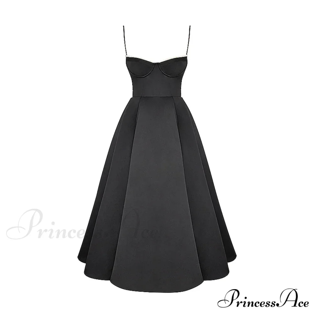 Satin Tulle Flare Charming Strap Cupped Midi Dress