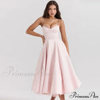 Satin Tulle Flare Charming Strap Cupped Midi Dress