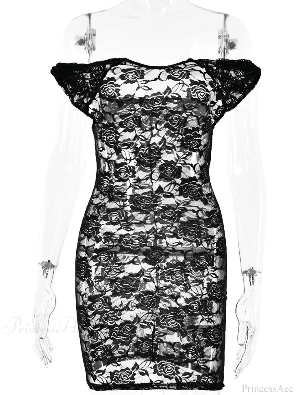 See-Through Lace Floral Off-Shoulder Bodycon Mini Dress