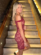 See-Through Lace Floral Off-Shoulder Bodycon Mini Dress