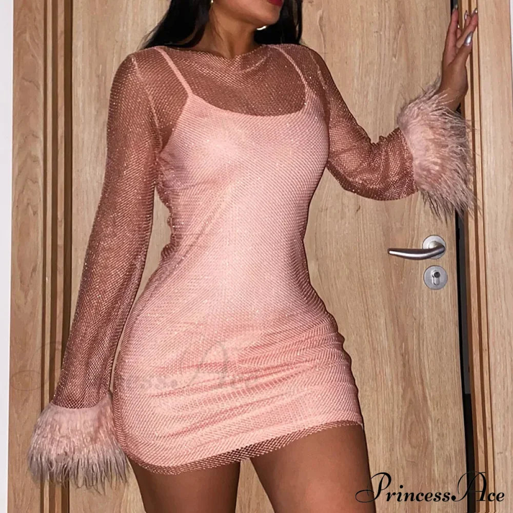 See Through Mesh Autumn Black Long O-Neck Club Partywear Bodycon Dress
