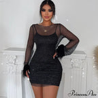 See Through Mesh Autumn Black Long O-Neck Club Partywear Bodycon Dress