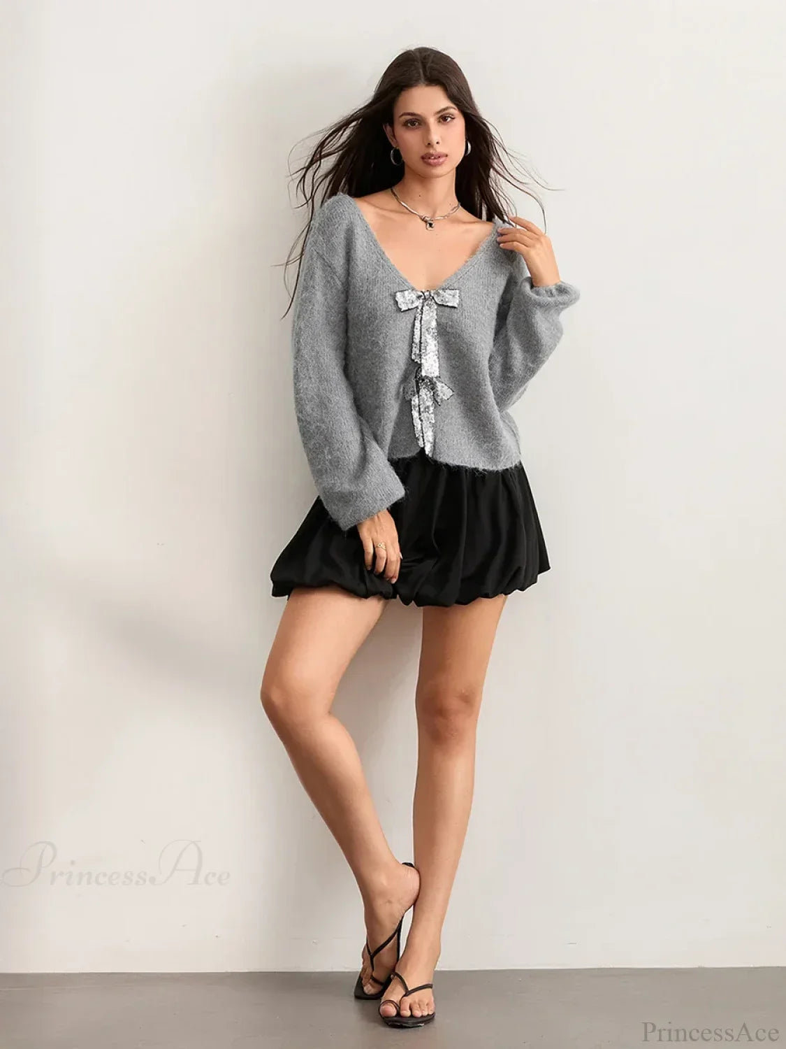 Sequin Bow Front Tie Loose V-Neck Cardigan