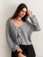 Sequin Bow Front Tie Loose V-Neck Cardigan